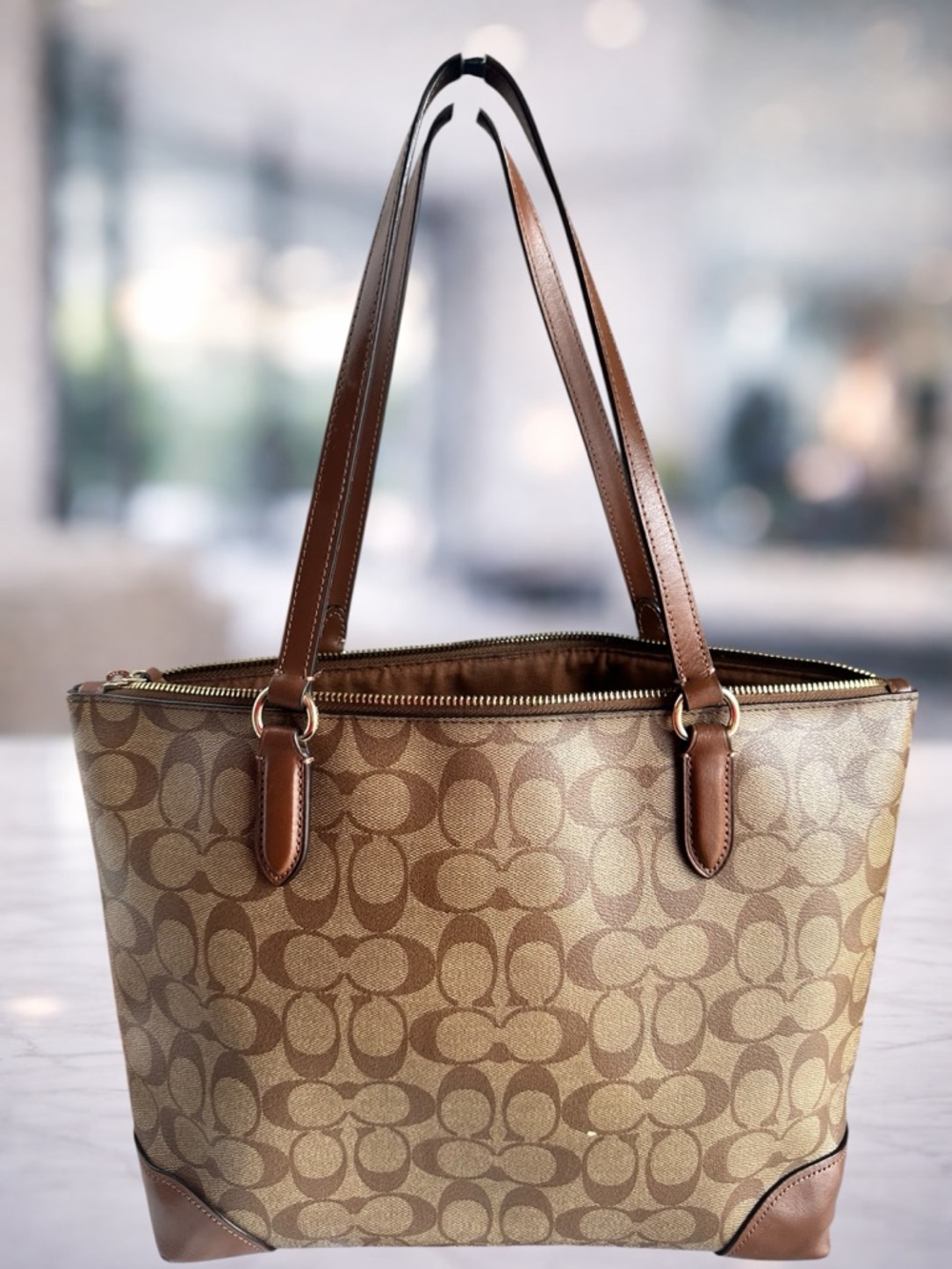 Coach Monogram Canvas Tote in Brown with Leather Trim - Picture 2 of 7